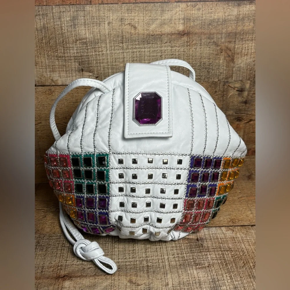 VTG Jeweled White Leather USA Purse 80s 90s Retro Colorful Bling Shoulder Bag - Picture 5 of 12